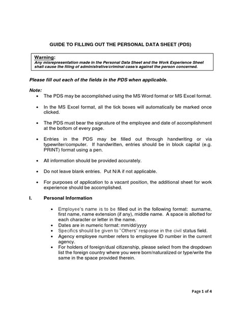 GUIDE TO FILLING OUT THE PERSONAL DATA SHEET (PDS) Warning: .